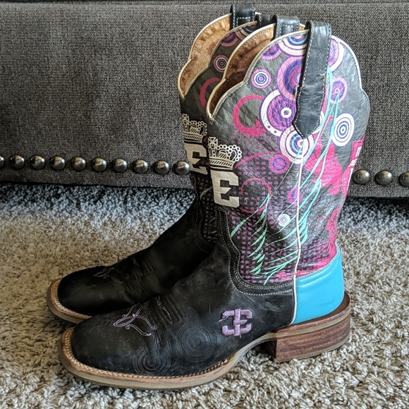 CINCH Edge "QUEENISM" black marbled leather cowgirl western boots square toe sz7 - Picture 3 of 16